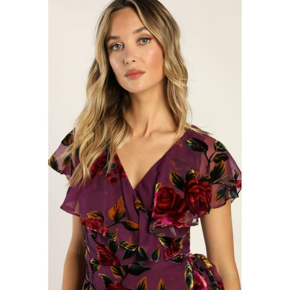 NWT Lulus Floral Passions Plum Purple Floral Velvet Wrap Midi Dress Size Large - Picture 7 of 13